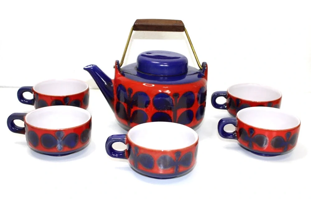 VTG Waechtersbach West Germany Fat Lava MCM Mid Century Teapot Set 5 Cups